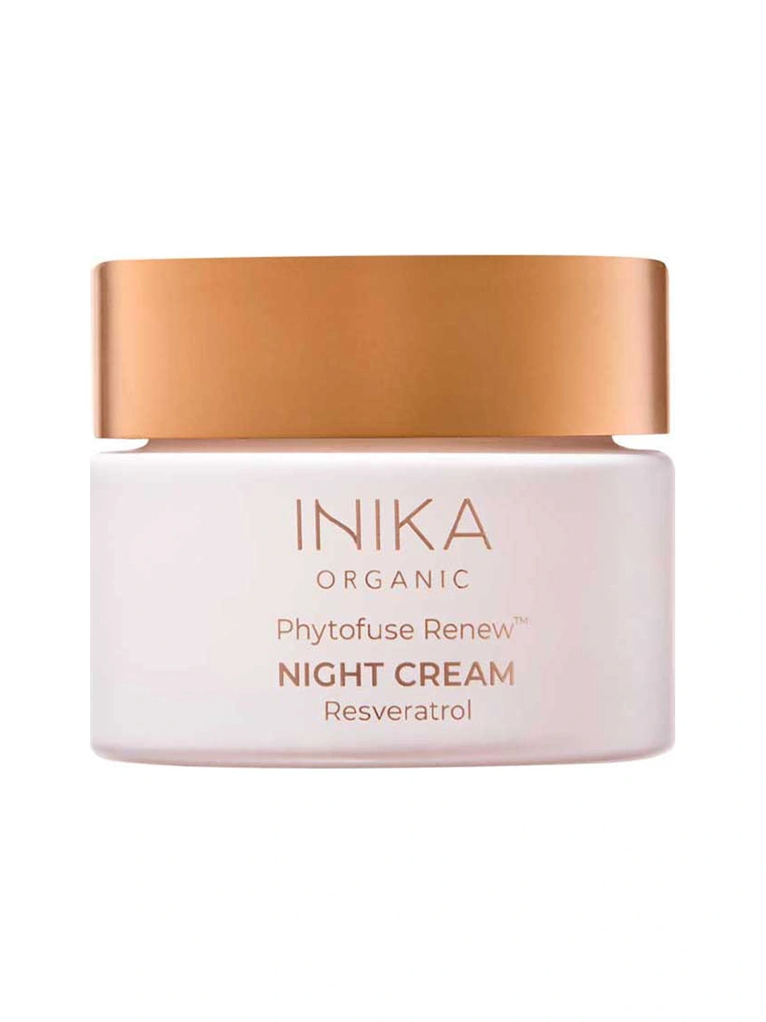Round pale pink INIKA Phytofuse Renew Night Cream jar with a broad gold lid and gold lettering naming Resveratrol, against a white background.