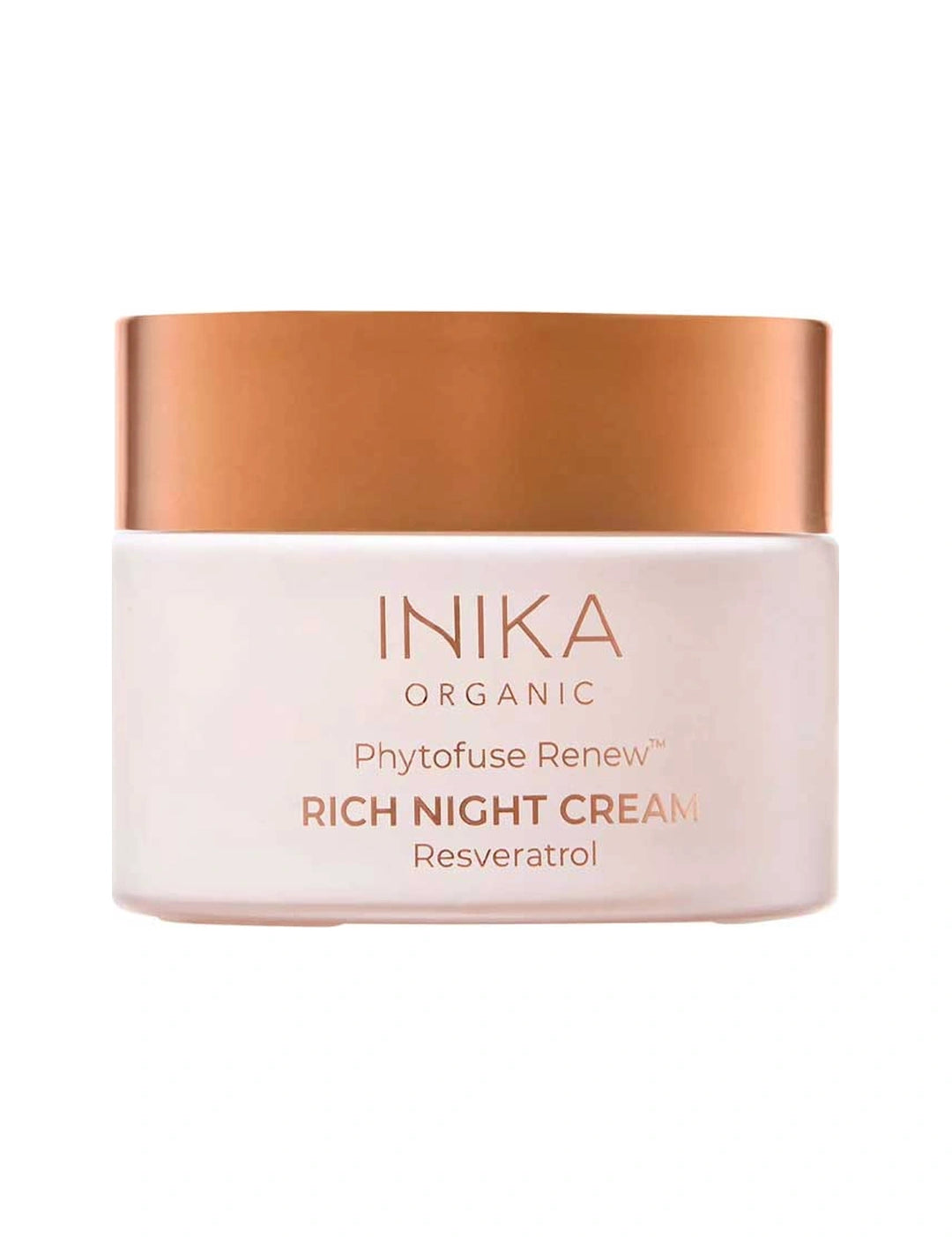 Round pale pink INIKA Phytofuse Renew Rich Night Cream jar with a broad gold lid and gold lettering naming Resveratrol, against a white background.