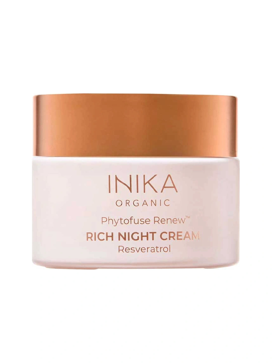 Round pale pink INIKA Phytofuse Renew Rich Night Cream jar with a broad gold lid and gold lettering naming Resveratrol, against a white background.
