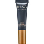 A 10ml tube of INIKA Organic Sheer Coverage Concealer, featuring a black body, gold cap, and white text on the front, is shown against a white background.