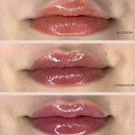 Three stacked close-ups compare glossy INIKA lip oil shades on lips: peach-pink Blossom at the top, reddish-brown Cinnamon in the middle and berry-pink Mulberry at the bottom.
