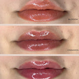 Three stacked close-ups compare glossy INIKA lip oil shades on lips: peach-pink Blossom at the top, reddish-brown Cinnamon in the middle and berry-pink Mulberry at the bottom.