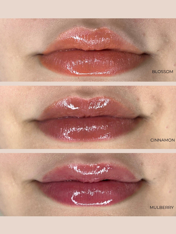 Three stacked close-ups compare glossy INIKA lip oil shades on lips: peach-pink Blossom at the top, reddish-brown Cinnamon in the middle and berry-pink Mulberry at the bottom.