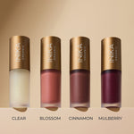Four frosted INIKA lip oil bottles with gold caps lined up on a beige ledge, labelled left to right: Clear, peach-pink Blossom, reddish-brown Cinnamon and deep berry Mulberry.