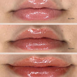 Three stacked close-ups compare glossy INIKA lip serum shades on lips: soft pink Blush at the top, peach-pink Peony in the middle and warm reddish-brown Rosewood at the bottom.