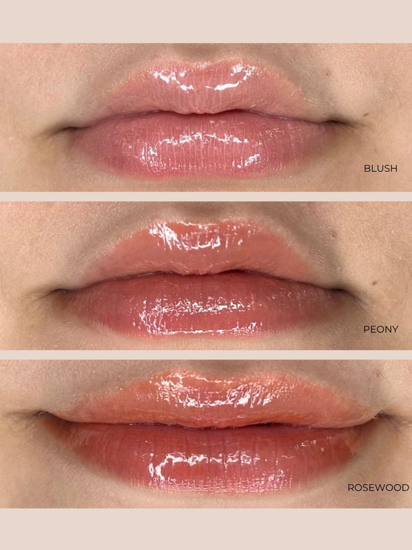 Three stacked close-ups compare glossy INIKA lip serum shades on lips: soft pink Blush at the top, peach-pink Peony in the middle and warm reddish-brown Rosewood at the bottom.
