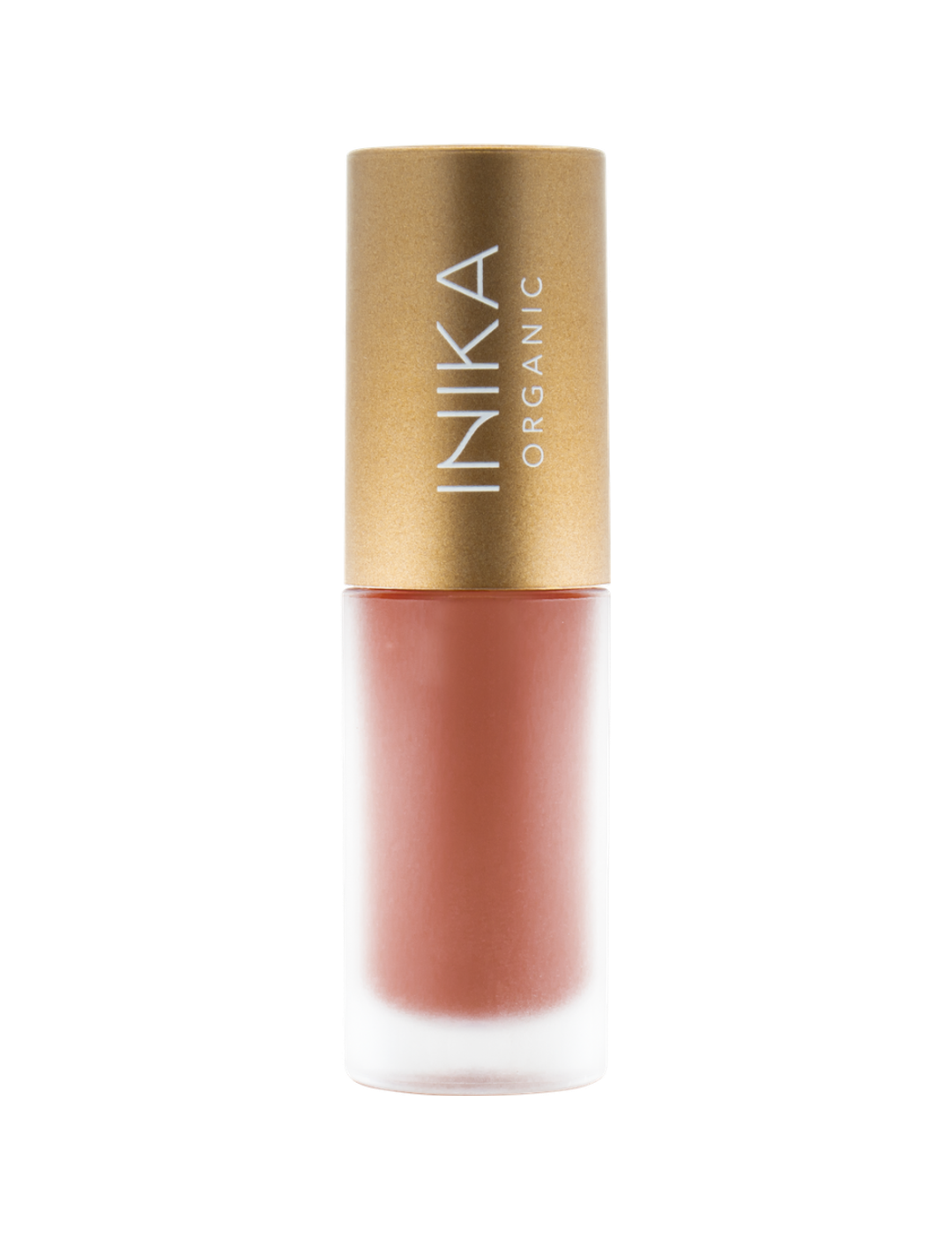 INIKA Organic Tinted Lip Oil in Blossom, a single closed frosted bottle with a gold cap on a pure white background.