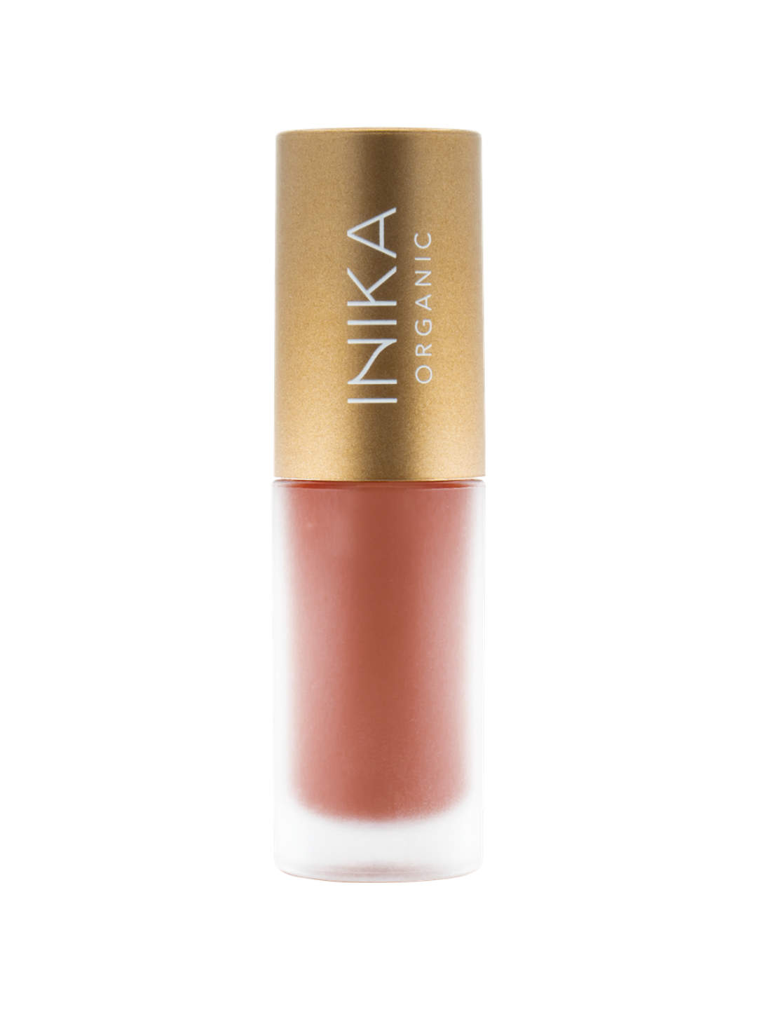 INIKA Organic Tinted Lip Oil in Blossom, a single closed frosted bottle with a gold cap on a pure white background.