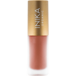INIKA Organic Tinted Lip Oil in Blossom, a single closed frosted bottle with a gold cap on a pure white background.