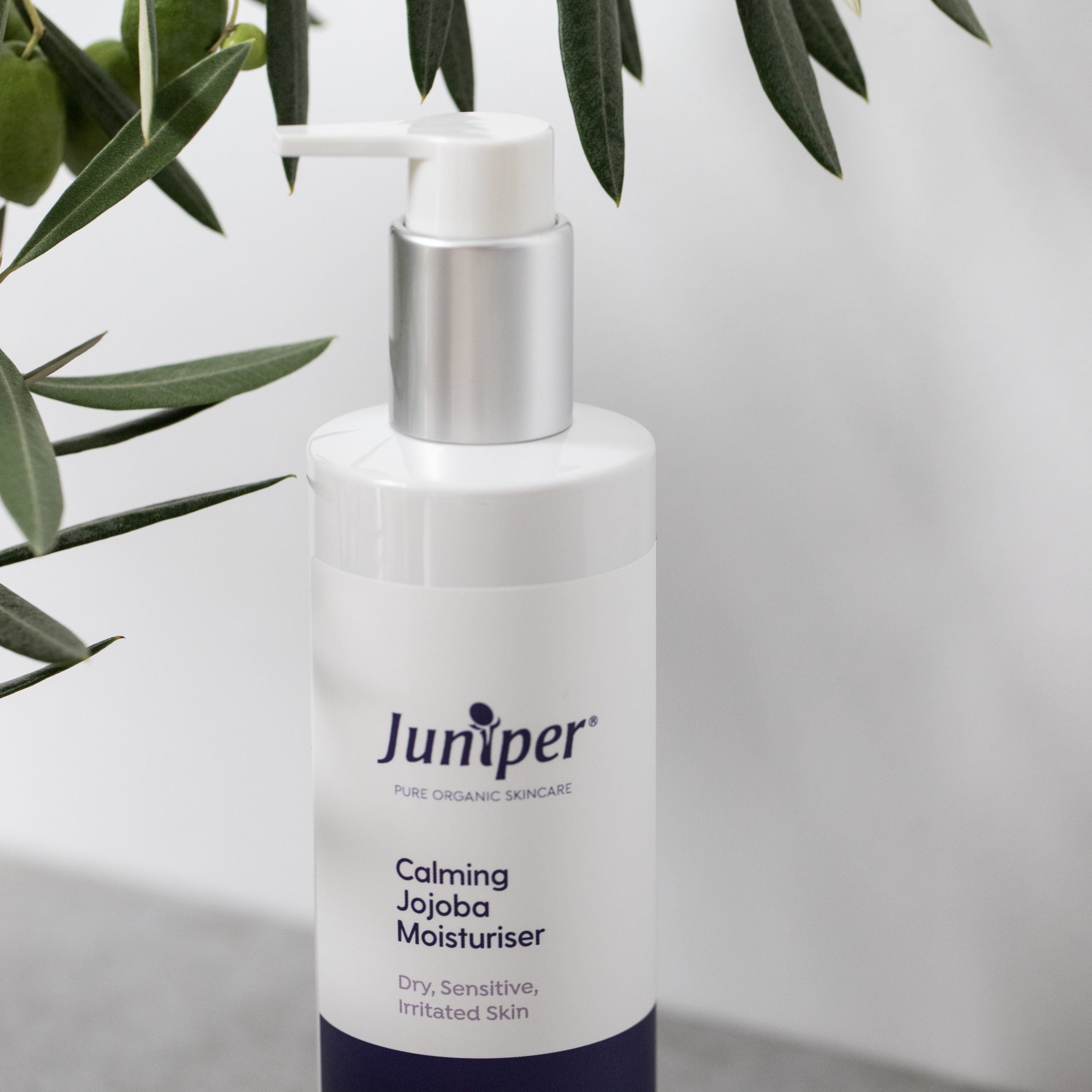 Juniper Calming Jojoba Moisturiser styled with olive leaves