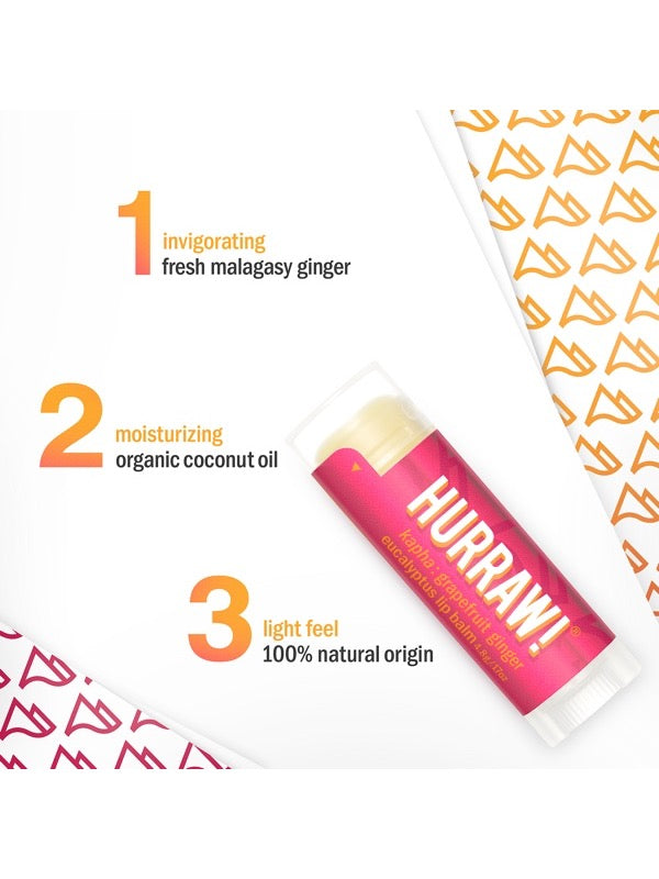 Ingredients and product information for Hurraw! Kapha Lip Balm Grapefruit Ginger & Eucalyptus 4.8g