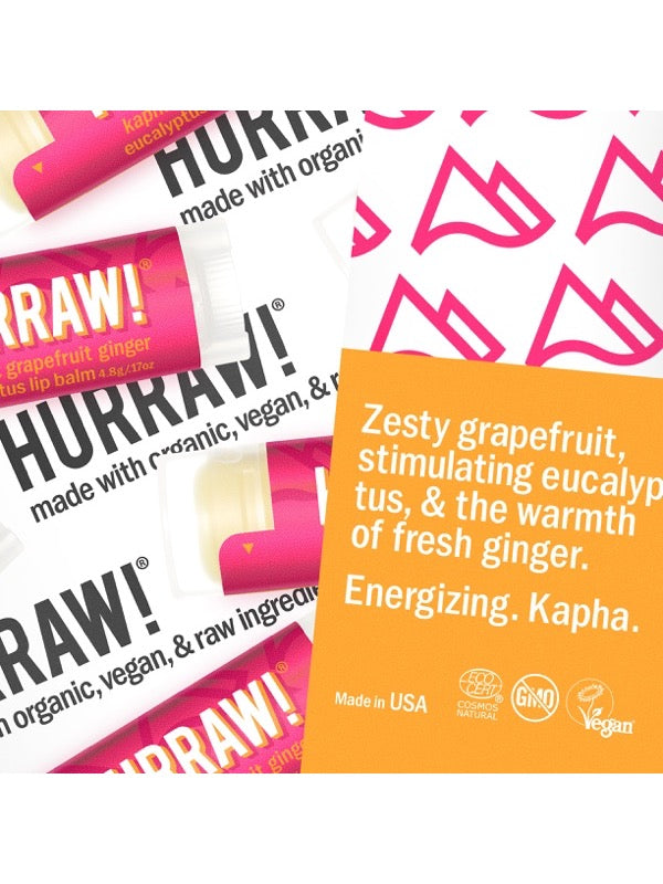Product and flavour details for Hurraw! Kapha Lip Balm Grapefruit Ginger & Eucalyptus 4.8g
