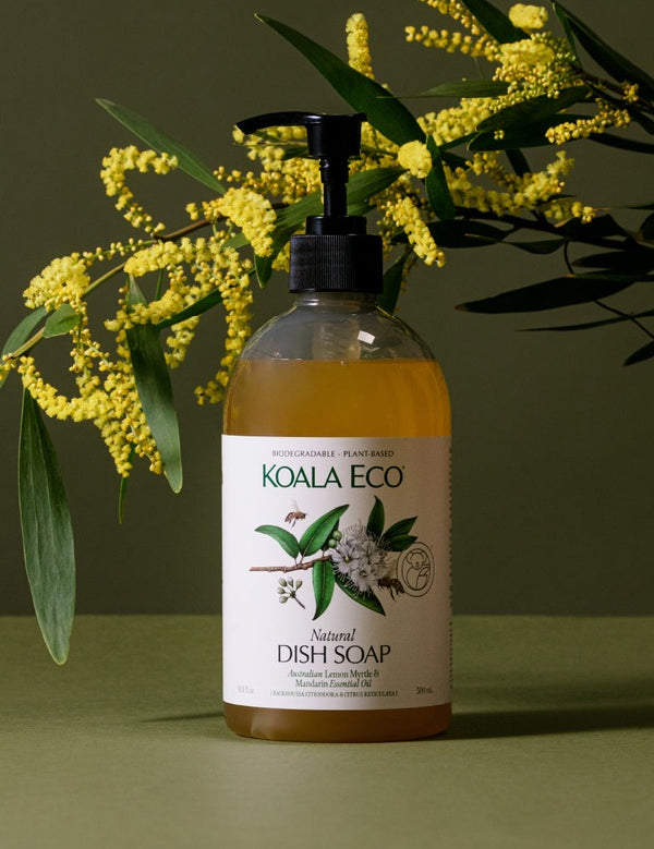 Koala Eco Lemon Myrtle and Mandarin Dish Soap styled with golden wattle flowers