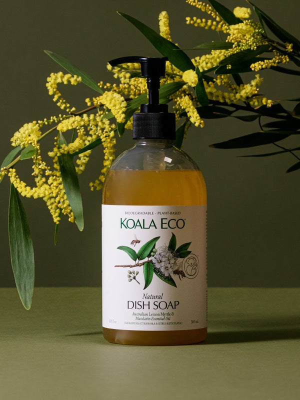Koala Eco Lemon Myrtle and Mandarin Dish Soap styled with golden wattle flowers