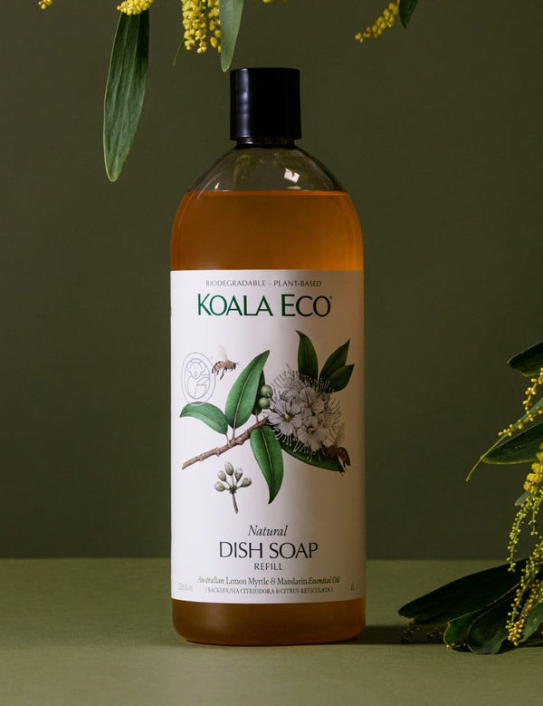 Koala Eco Lemon Myrtle and Mandarin Dish Soap Refill styled with golden wattle branches