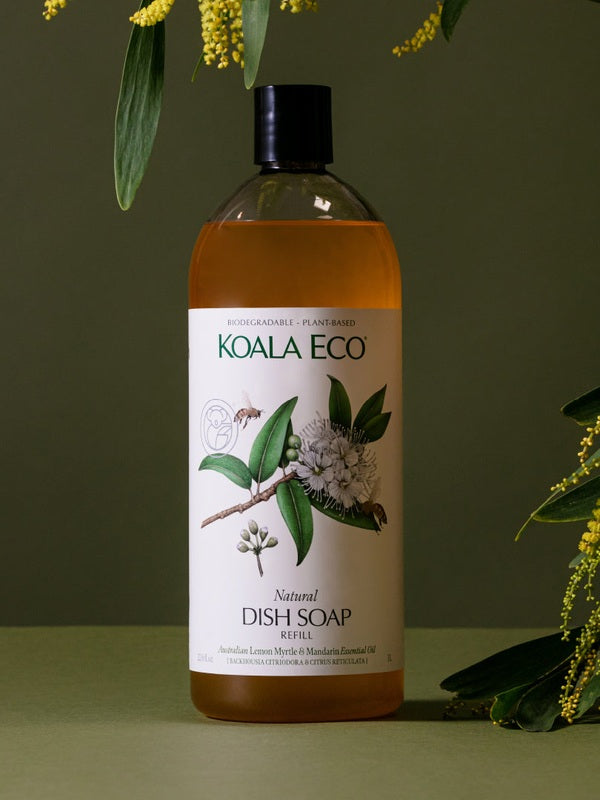 Koala Eco Lemon Myrtle and Mandarin Dish Soap Refill styled with golden wattle branches