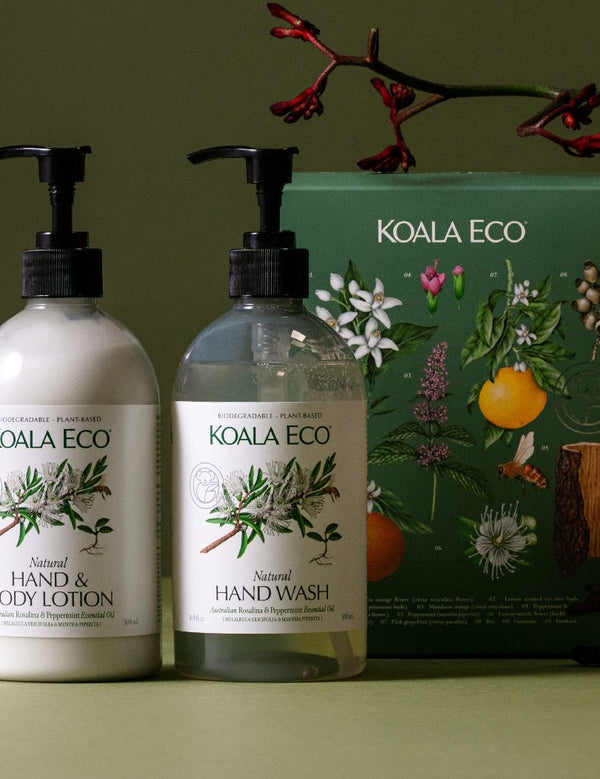 Koala Eco Rosalina and Peppermint Hand Care Gift Pack styled with red gum branches
