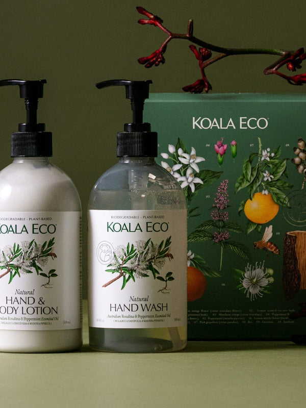 Koala Eco Rosalina and Peppermint Hand Care Gift Pack styled with red gum branches