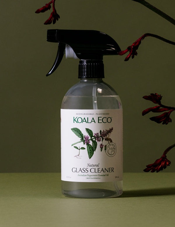 Koala Eco Peppermint Glass Cleaner styled with native flowers on a deep green background