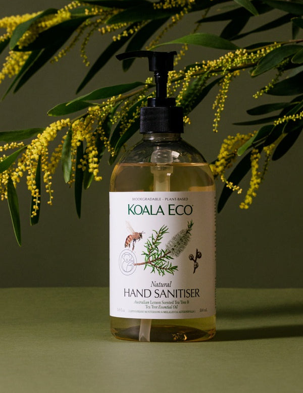 Koala Eco Lemon and Tea Tree Hand Sanitiser styled with golden wattle branches