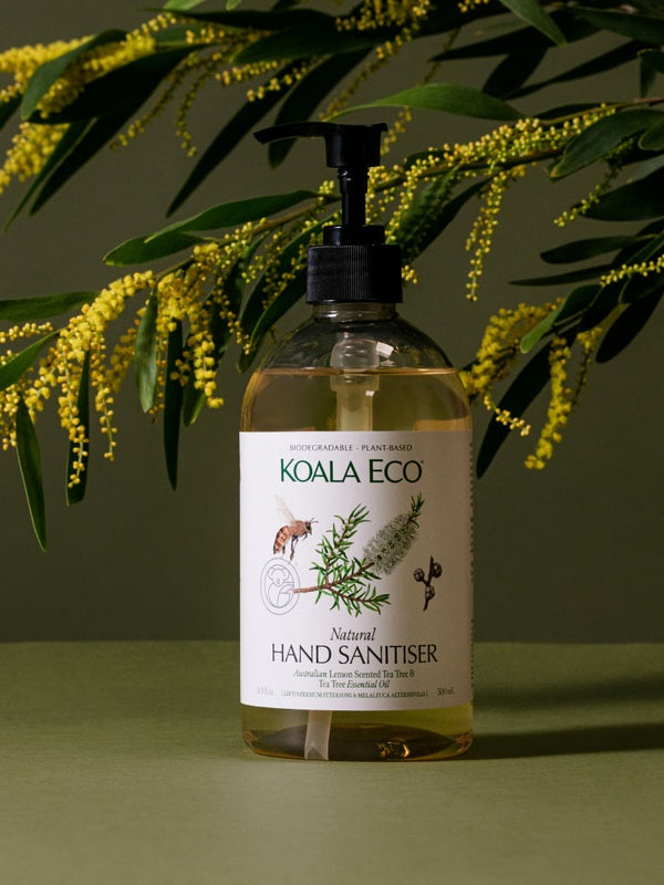 Koala Eco Lemon and Tea Tree Hand Sanitiser styled with golden wattle branches