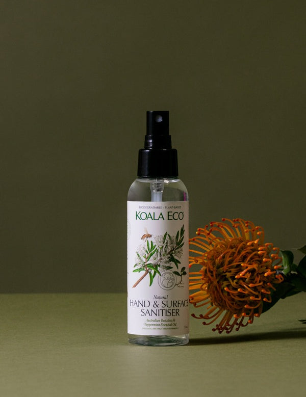 Koala Eco Rosalina and Peppermint Hand and Surface Spray styled with an orange banksia flower
