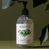Koala Eco Eucalyptus and Rosemary Hand Wash styled beneath native eucalyptus leaves