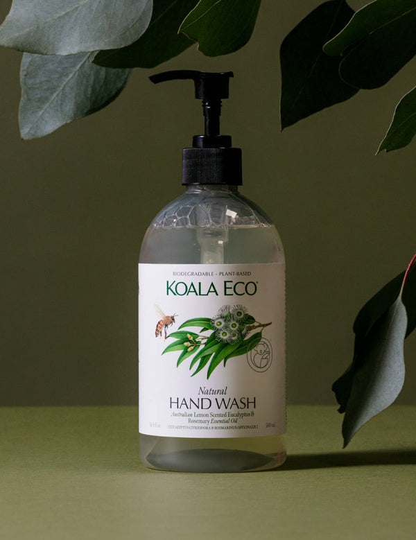 Koala Eco Eucalyptus and Rosemary Hand Wash styled beneath native eucalyptus leaves