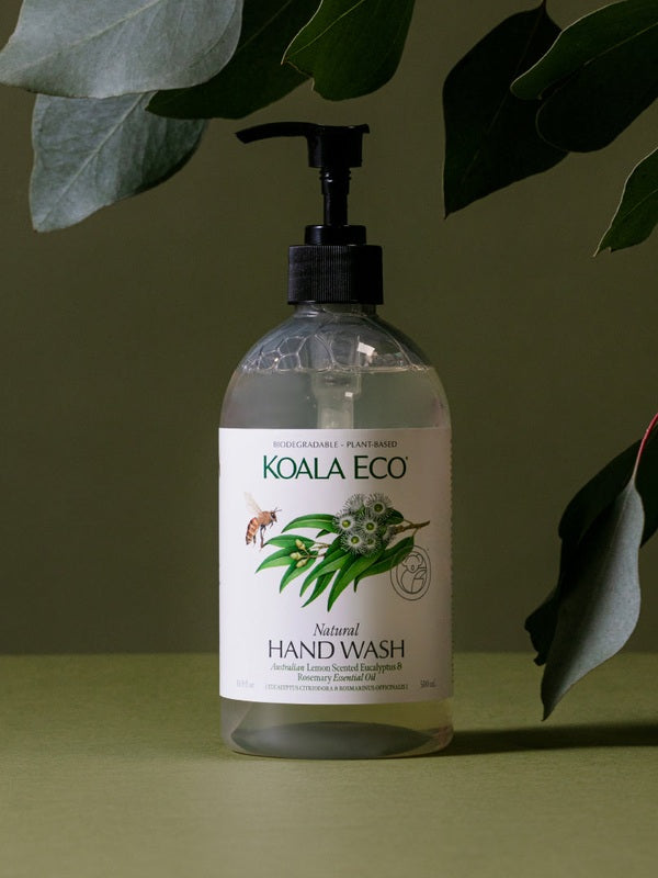 Koala Eco Eucalyptus and Rosemary Hand Wash styled beneath native eucalyptus leaves