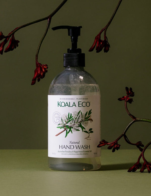 Koala Eco Rosalina and Peppermint Hand Wash styled with red native flowers