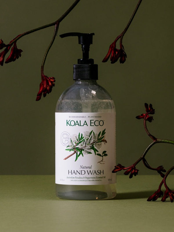 Koala Eco Rosalina and Peppermint Hand Wash styled with red native flowers