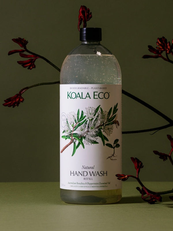 Koala Eco Rosalina and Peppermint Hand Wash surrounded by sculptural gum branches