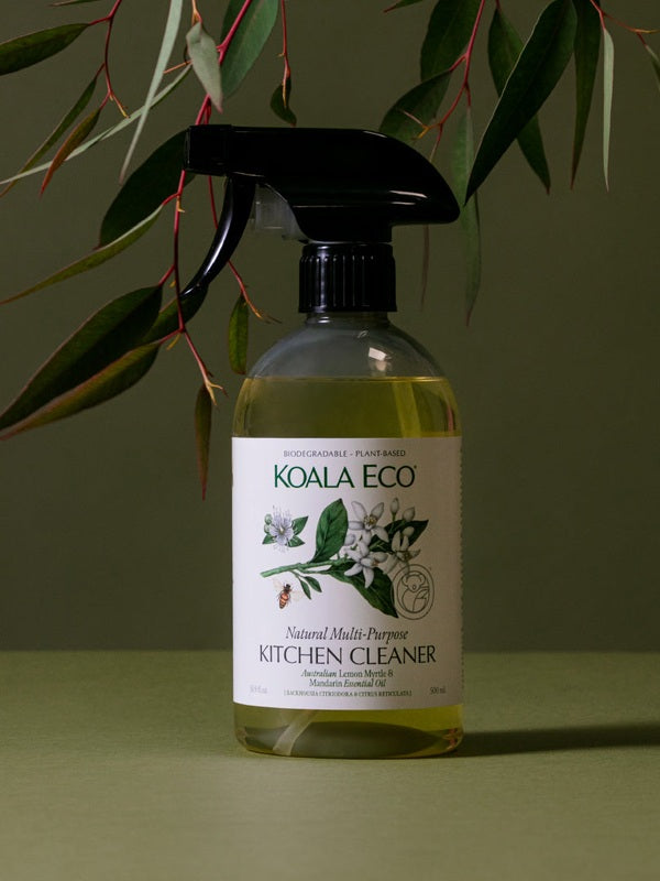 Koala Eco Multi-Purpose Kitchen Cleaner styled with Australian botanical branches on a deep green background