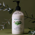 Koala Eco Terra Botanica Gift Pack Lemon Scented Eucalyptus & Rosemary 2pk: the included 500ml hand and body lotion pump bottle displayed with botanical branches against an olive green background.