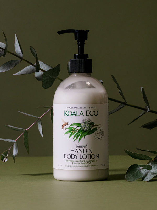 Koala Eco Terra Botanica Gift Pack Lemon Scented Eucalyptus & Rosemary 2pk: the included 500ml hand and body lotion pump bottle displayed with botanical branches against an olive green background.