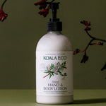 Koala Eco Terra Botanica Gift Pack Rosalina & Peppermint 2pk: the included 500ml hand and body lotion pump bottle displayed with botanical branches against an olive green background.
