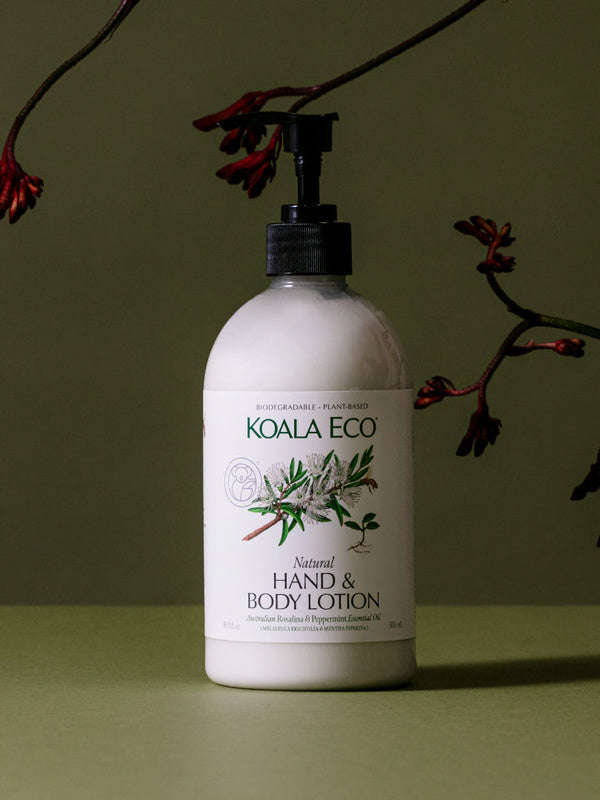 Koala Eco Terra Botanica Gift Pack Rosalina & Peppermint 2pk: the included 500ml hand and body lotion pump bottle displayed with botanical branches against an olive green background.
