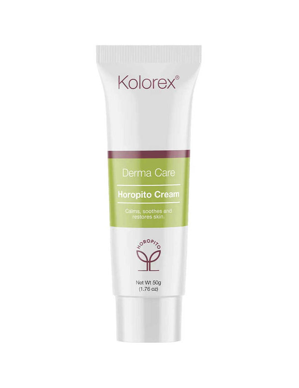 Kolorex Derma Care Horopito Skin Cream 50g comes in a white tube with green and beige labeling. Made in New Zealand, the label claims it calms, soothes, and restores skin and features a stylized plant logo.
