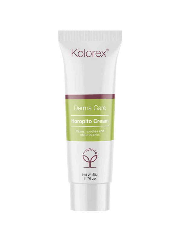 Kolorex Derma Care Horopito Skin Cream 50g comes in a white tube with green and beige labeling. Made in New Zealand, the label claims it calms, soothes, and restores skin and features a stylized plant logo.