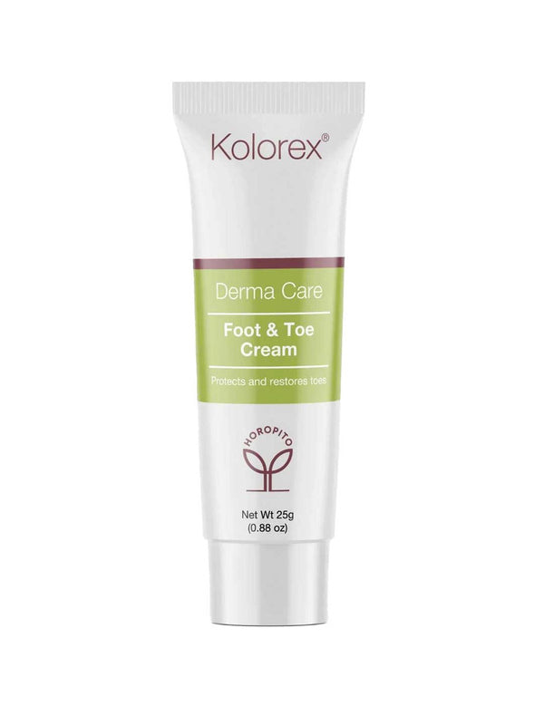 A white tube of Kolorex Foot & Toe Cream 25g with a green label reading "Protects and restores toes," features the Kolorex logo, horopito symbol, and is infused with Horopito.