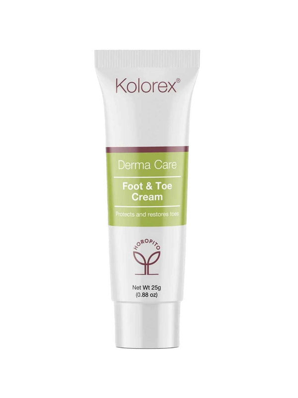 A white tube of Kolorex Foot & Toe Cream 25g with a green label reading "Protects and restores toes," features the Kolorex logo, horopito symbol, and is infused with Horopito.
