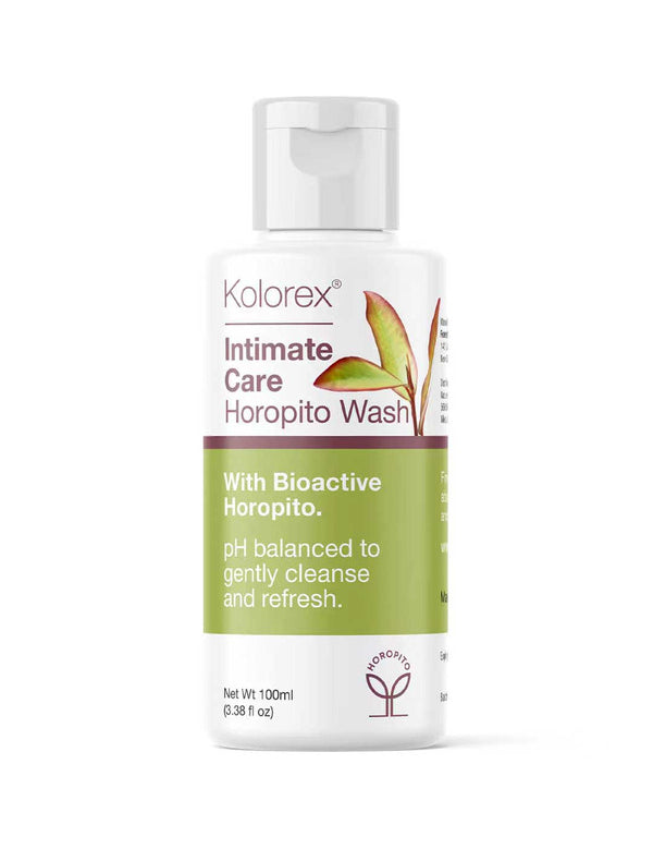 Kolorex Intimate Care Horopito Wash 100ml comes in a white bottle with a flip cap and green-accented label, featuring bioactive Horopito. Its pH-balanced formula is ideal for gentle cleansing of sensitive intimate skin.