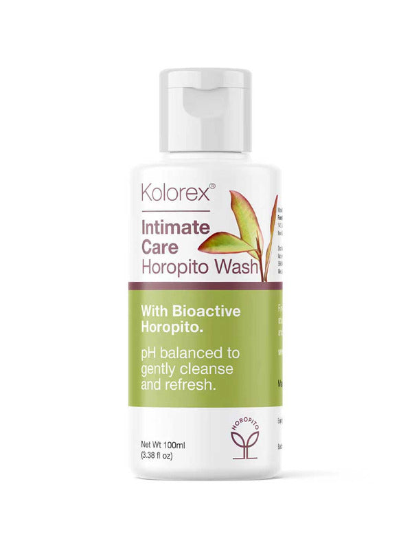 Kolorex Intimate Care Horopito Wash 100ml comes in a white bottle with a flip cap and green-accented label, featuring bioactive Horopito. Its pH-balanced formula is ideal for gentle cleansing of sensitive intimate skin.