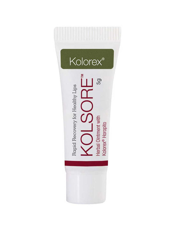 Kolorex Kolsore Lip Ointment 5g comes in a white tube with green and burgundy text, featuring Propolis and Horopito for rapid recovery of healthy lips.