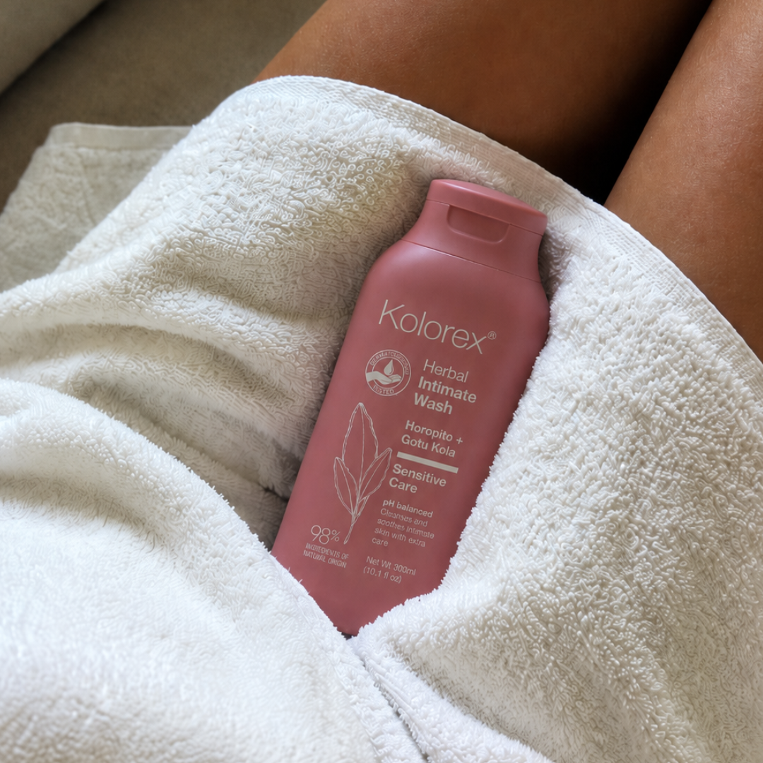Kolorex Herbal Intimate Wash Sensitive Care styled with a towel