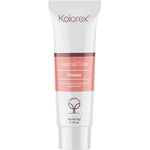 A 50g white tube of Kolorex Vaginal Care Cream features a pink and white design with a leaf logo near the base, formulated to support pH balance and intimate skin health.