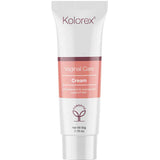 A 50g white tube of Kolorex Vaginal Care Cream features a pink and white design with a leaf logo near the base, formulated to support pH balance and intimate skin health.