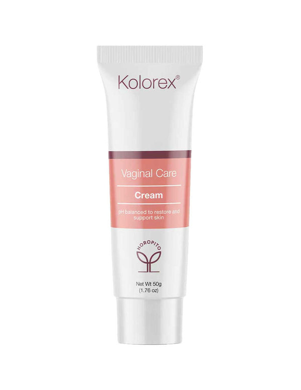 A 50g white tube of Kolorex Vaginal Care Cream features a pink and white design with a leaf logo near the base, formulated to support pH balance and intimate skin health.