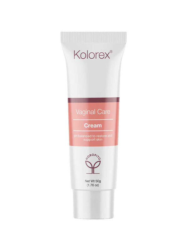 A 50g white tube of Kolorex Vaginal Care Cream features a pink and white design with a leaf logo near the base, formulated to support pH balance and intimate skin health.