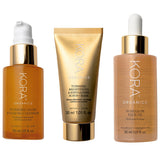 KORA Organics Best Sellers Trio: Turmeric Glow Foaming Cleanser, Brightening and Exfoliating Scrub and Mask, and Noni Glow Face Oil.